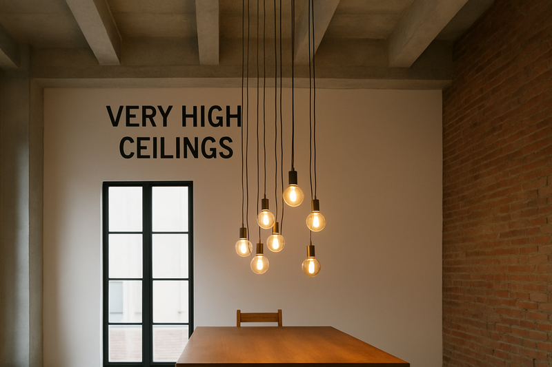 A loft with very high ceilings showing a cluster of pendant lights with long cords hanging over a table, bringing the light source down.