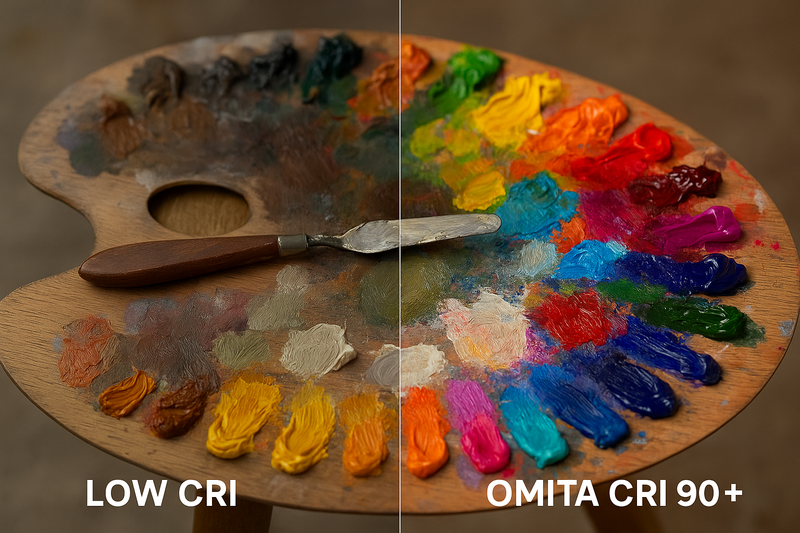 A split image showing a painter's palette. Under Low CRI light the colors are muddy, while under Omita's High CRI 90+ light they are rich and distinct.