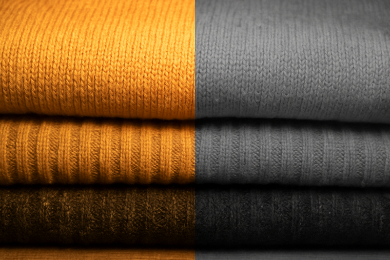 High-CRI Light Enhancing Product Texture A close-up on a folded stack of woolen sweaters. The area lit by a warm, high-CRI Omita bulb shows rich texture, while an area in cool light looks flat.