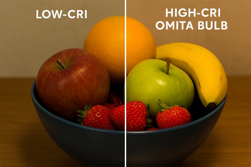 A split image of a bowl of fruit. On the left, under a low-CRI light, the colors are muddy. On the right, under a high-CRI Omita bulb, the fruit looks vibrant and fresh.