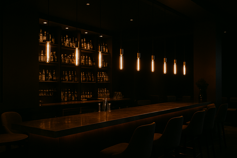 Intimate Bar Lighting with Edison Bulbs A moody, sophisticated hotel bar where a line of Omita tubular Edison bulbs hangs low over the counter, creating private cocoons of light for patrons.