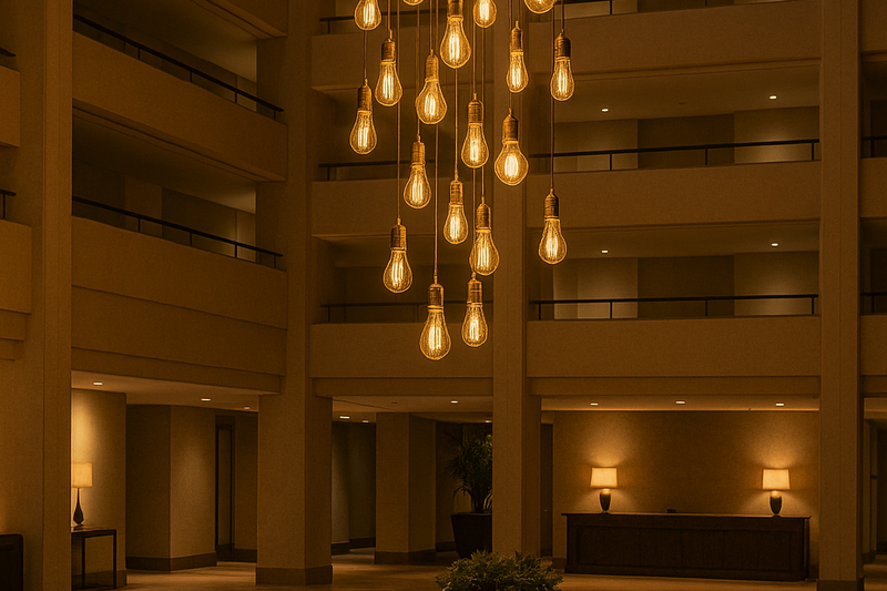 LED Edison Bulbs as a Grand Statement in a Hotel Lobby A stunning hotel lobby with a large, artistic cluster of Omita LED Edison bulbs hanging in a multi-story atrium, creating an immediate "wow" factor.