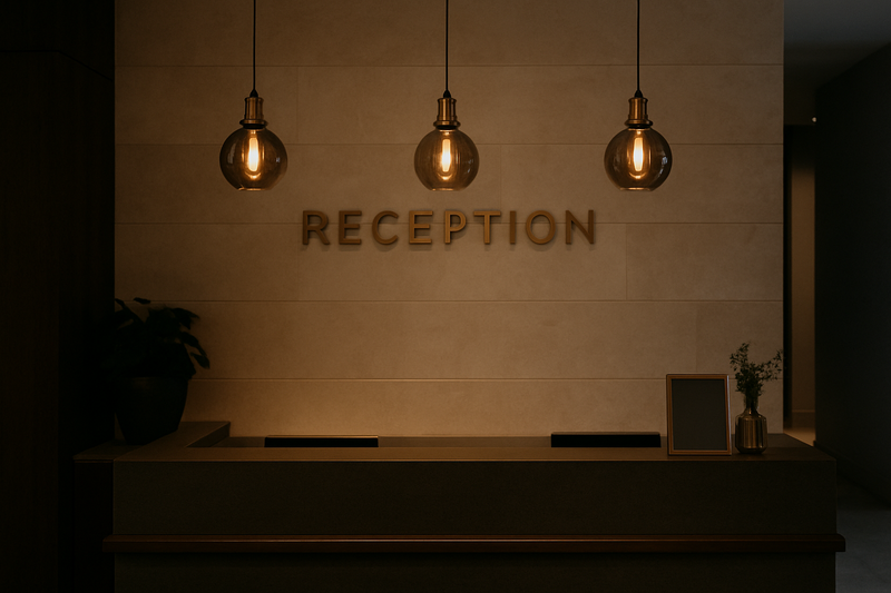 Creating a Welcoming Atmosphere with Warm Lighting A welcoming hotel reception desk subtly lit with a few delicate, smoked-glass Omita Edison globes in elegant fixtures.