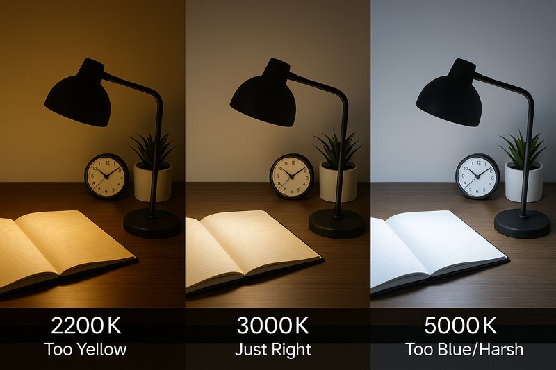 Best Color Temperature for Study A visual comparison of the same desk under three different light temperatures: 2200K (too yellow), 3000K (just right), and 5000K (too blue/harsh).