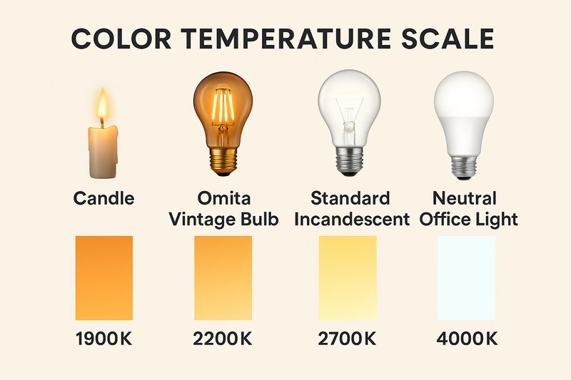 A color temperature scale graphic, showing a candle at 1900K, an Omita vintage bulb at 2200K, a standard incandescent at 2700K, and a neutral office light at 4000K.