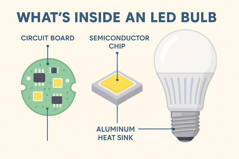 An infographic showing the internal components of an LED bulb: the circuit board, the semiconductor chip, and the aluminum heat sink.