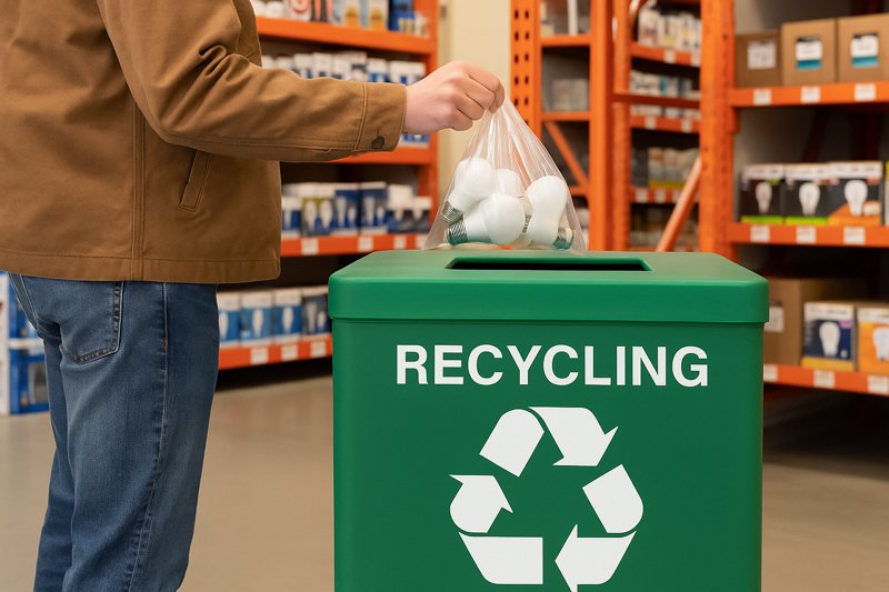 A person dropping off a bag of old light bulbs into a clearly marked recycling bin at a home improvement store.