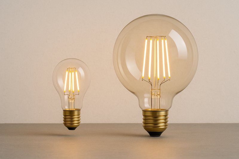 A side-by-side comparison image showing a standard A60 bulb next to an oversized Omita G125 globe bulb to show the dramatic difference in scale.