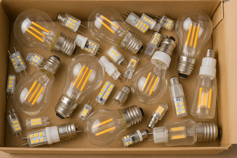 A neat collection of various used LED filament bulbs and G4/G9 bulbs in a cardboard box, ready for recycling.