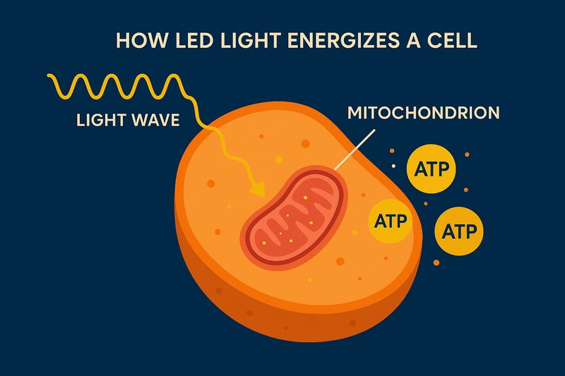 An animated graphic showing a light wave entering a skin cell and energizing the mitochondria, which then start glowing and releasing energy particles labeled "ATP".