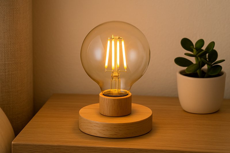 Cozy Bedroom Fixture with Wood Base A close-up shot showcasing a G80 globe bulb in a light wood base, sitting on a nightstand next to a small plant.