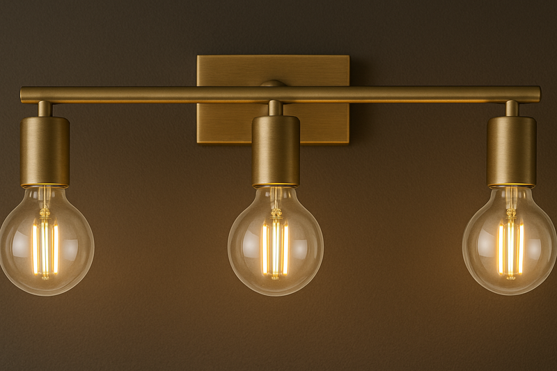 Mixing Retro Bulbs with Modern Fixtures A chic bathroom vanity with a sleek, horizontal brushed brass fixture holding three G80 globe Edison bulbs.