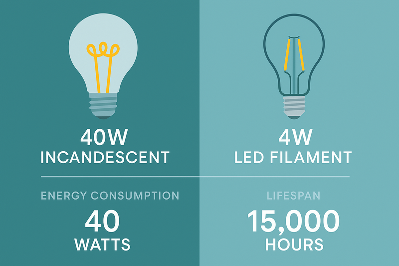 Operational Savings of LED Edison Bulbs in Hospitality An infographic visually comparing the energy consumption and lifespan of a traditional 40W incandescent bulb versus a 4W Omita LED filament bulb.