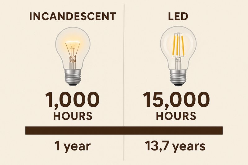 A graphic showing a comparison between an incandescent bulb's 1,000-hour life and an Omita LED bulb's 15,000-hour life, with years of use indicated.