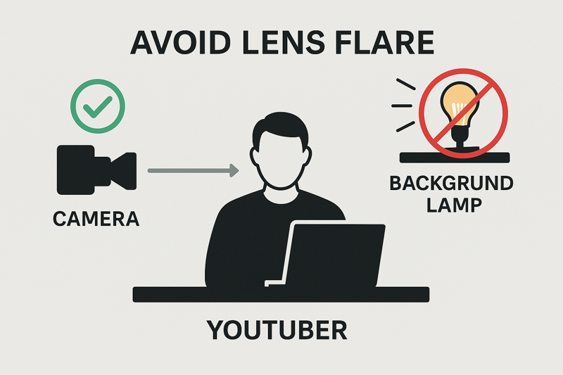 A diagram showing the correct placement of a background lamp in a YouTube setup to avoid camera lens flare.