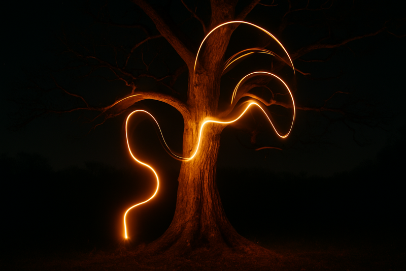A long-exposure shot of an old tree at night, with parts of the trunk and branches illuminated by a warm, golden trail of light from an Edison bulb.