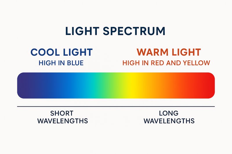 Blue Light vs. Warm Light Spectrum A graphic illustrating the light spectrum, showing how cool light is high in blue and warm light is high in red and yellow.
