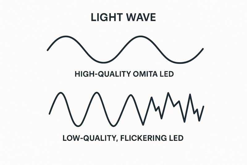 A visual representation showing a smooth, stable light wave from a high-quality Omita LED versus a jagged, erratic light wave from a low-quality, flickering LED.