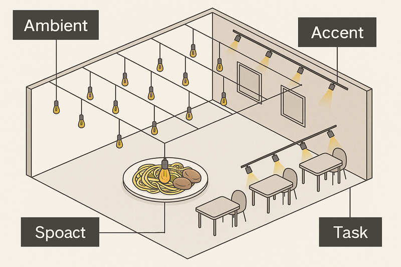 Integrating Vintage and Modern Lighting Layers An architectural diagram showing lighting layers: a grid of Edison pendants for 'Ambient', and a separate track of spotlights for 'Accent' on art and 'Task' on tables.