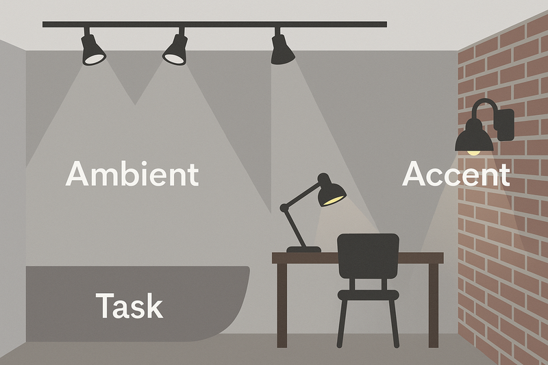 A diagram illustrating the three layers of light in a loft: Ambient (track lights), Task (desk lamp), and Accent (sconce on a brick wall).