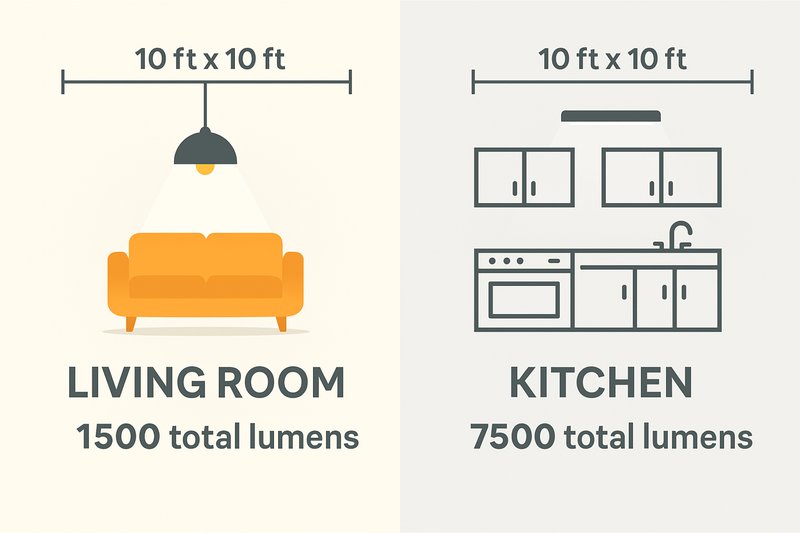 A simple diagram showing a 10x10 foot living room being perfectly lit by 1500 total lumens, and a 10x10 kitchen being lit by 7500 total lumens.