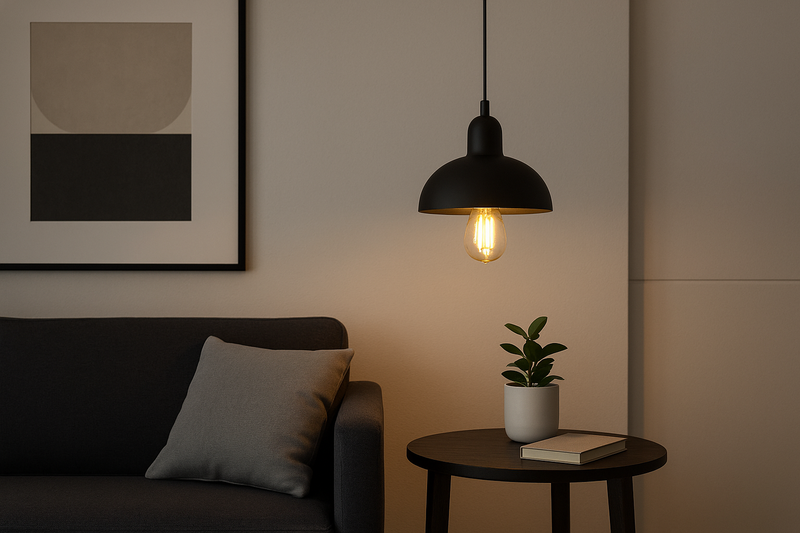 A sleek, modern living room where a minimalist pendant fixture with a visible Omita LED Edison bulb hangs over a side table, adding a touch of warmth