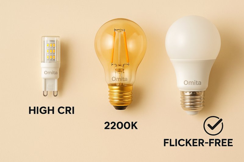 A product shot showcasing three different Omita bulbs: a high-CRI G9 bulb, a vintage filament bulb labeled "2200K", and an A60 bulb with a "Flicker-Free" icon next to it.
