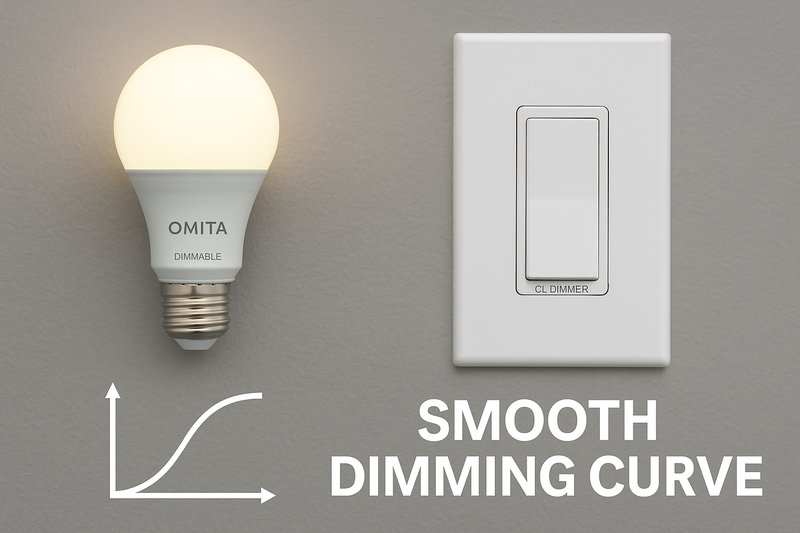 An image showing an Omita dimmable bulb paired correctly with a modern CL dimmer switch, with a graphic of a smooth dimming curve.