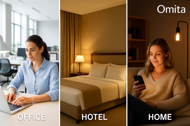 A collage of three environments: a bright, productive office; a warm, inviting hotel room; and a cozy home living room, each with appropriate Omita lighting.