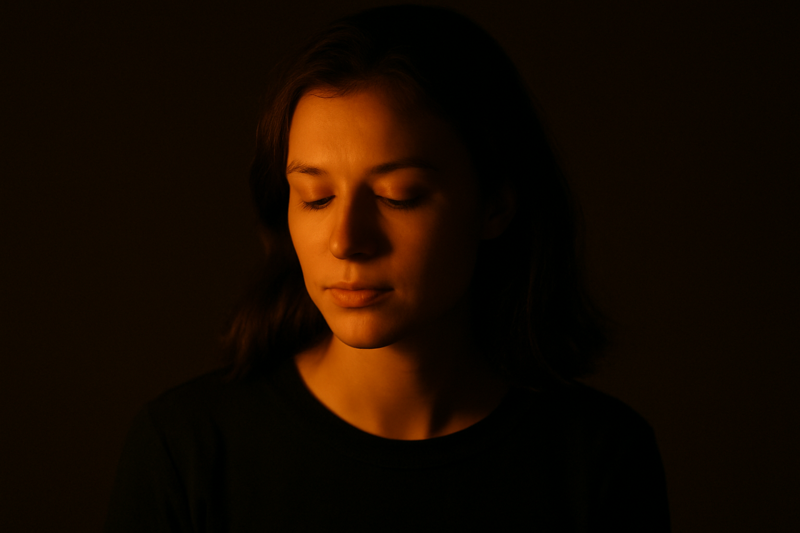 A stunning portrait of a person whose face is softly lit by the warm glow of an off-camera LED Edison bulb.