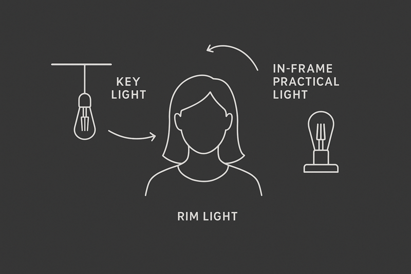 A diagram illustrating three lighting positions for portraits: key light, rim light, and in-frame practical light.