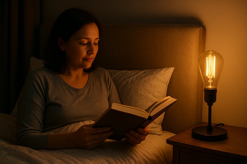 Reading by the Light of an Edison Bulb A person comfortably reading a book in bed, illuminated by a single, warm Edison bulb in a bedside lamp.
