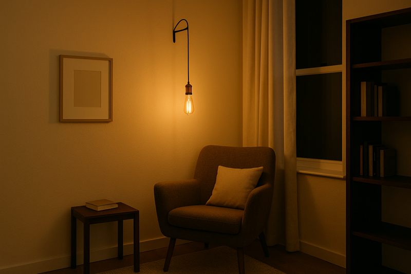 Creating a Reading Nook with a Pendant Bulb A cozy reading corner in a small apartment, with a single Edison bulb hanging from a hook in the ceiling next to a chair.