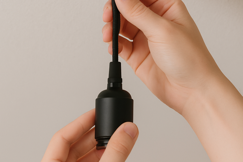 Easy DIY Lighting for Renters A person easily hanging a plug-in pendant cord from a small, decorative hook screwed into the ceiling.