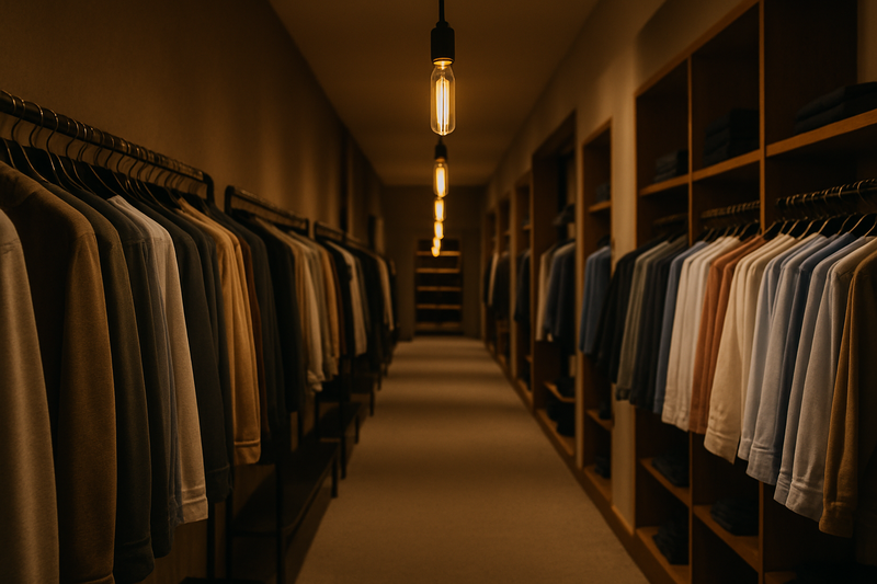 Guiding the Customer Journey with Light A long view down a retail aisle, where a series of suspended Omita T45 tubular bulbs create a clear visual path for customers to follow.