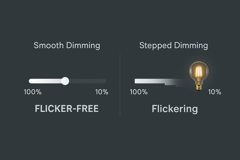 Omita's Flicker-Free Dimming Technology A smooth dimming graphic showing a slider going from 100% to 10% without flicker, contrasted with a competitor's flickering, stepped dimming.