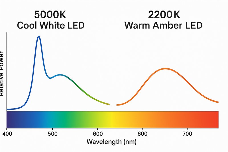 A clear graphic comparing the blue light spike in a 5000K cool white LED spectrum versus the low, gentle curve of a 2200K warm amber LED spectrum.