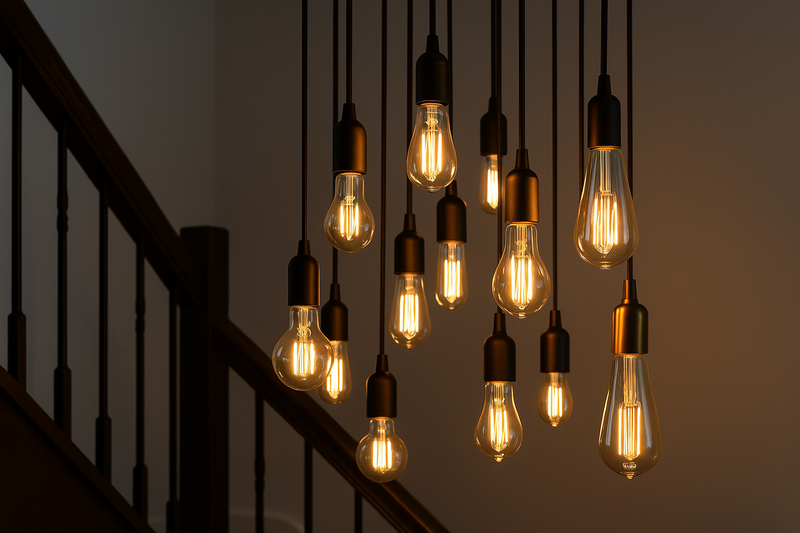 Edison Bulbs as a Feature Chandelier A stunning cluster of different-shaped Omita Edison bulbs hanging at various heights in a staircase, creating a dramatic chandelier effect.