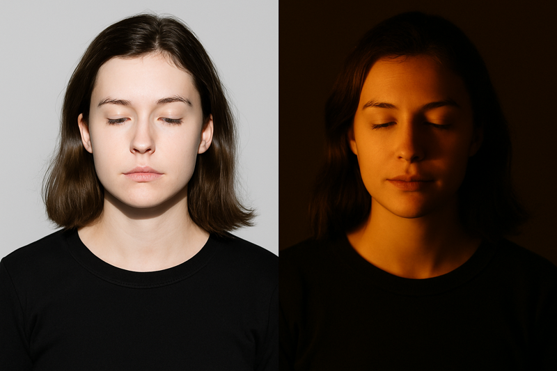 A side-by-side comparison showing a portrait taken with a harsh flash versus one taken with the warm light of an Edison bulb.