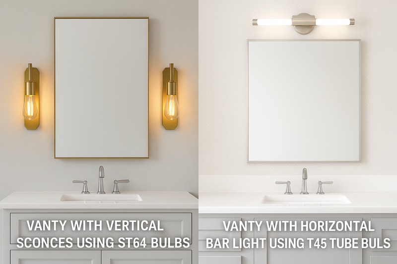 Choosing the Right Bulb Shape for Vanity Lights A side-by-side comparison: a vanity with vertical sconces using ST64 bulbs, and another vanity with a horizontal bar light using T45 tube bulbs.