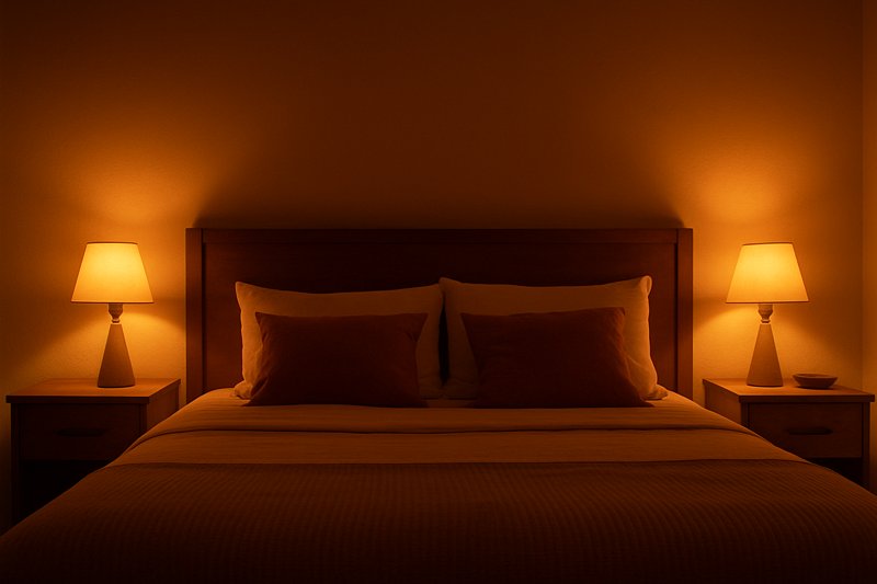 A beautifully designed bedroom at dusk, illuminated only by a pair of bedside lamps with very warm Omita LED filament bulbs, creating a cozy and relaxing amber glow.