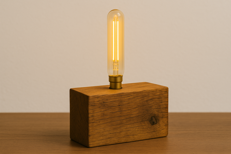 Reclaimed Wood Lamp with Tube Bulb A lamp made from a block of reclaimed oak, with a T30 tube bulb providing a warm glow