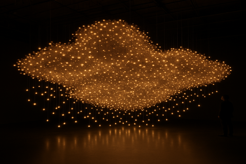 A breathtaking large-scale art installation in a dark gallery, where thousands of individual LED filament bulbs hang from the ceiling at different heights, creating a glowing, three-dimensional celestial cloud of light.