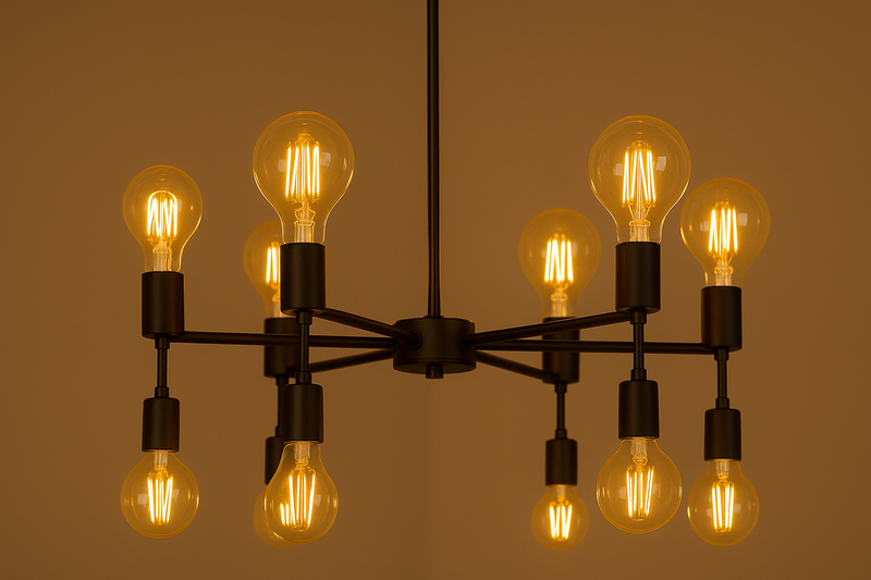 A stunning bare-bulb chandelier featuring a variety of Omita's vintage-style LED filament bulbs (ST64, G95) glowing with a warm 2200K light.