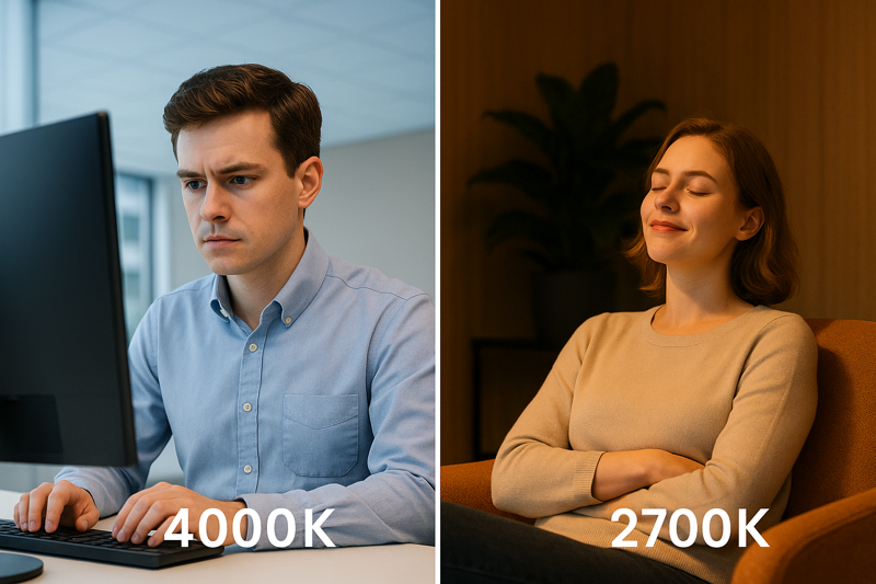 Human-Centric Lighting in the Workplace A split image showing an employee looking focused and alert under a 4000K cool white light at a desk, contrasted with another employee relaxing in a breakroom under a warm 2700K light.