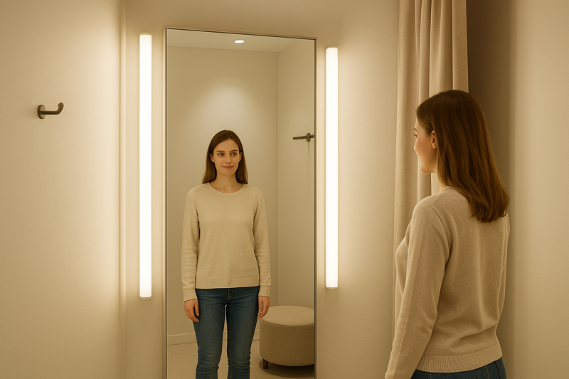 Psychological Comfort through Lighting Design A well-lit fitting room with soft, vertical light from fixtures on either side of the mirror, creating a flattering and shadow-free experience for the customer.