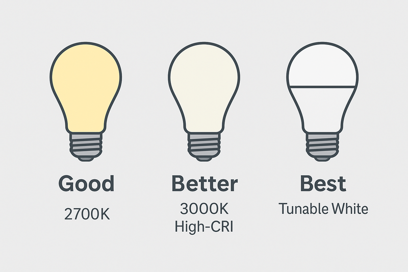 A simple graphic showing three bulbs labeled "Good," "Better," "Best." "Good" is a standard 2700K bulb. "Better" is a 3000K High-CRI bulb. "Best" is a "tunable white" smart bulb
