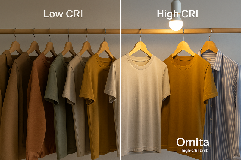 A split image of a fashion retail display. Left, under low CRI light, the clothes look dull. Right, under an Omita high-CRI bulb, the fabric colors are rich and vibrant.