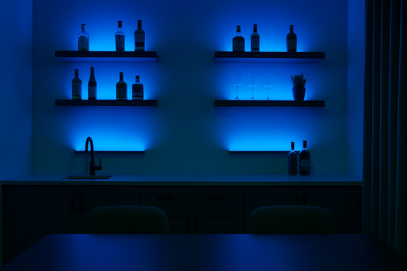 A stylish home bar area bathed in a soft, calming blue light from hidden LED strips, creating a sophisticated and relaxing mood.