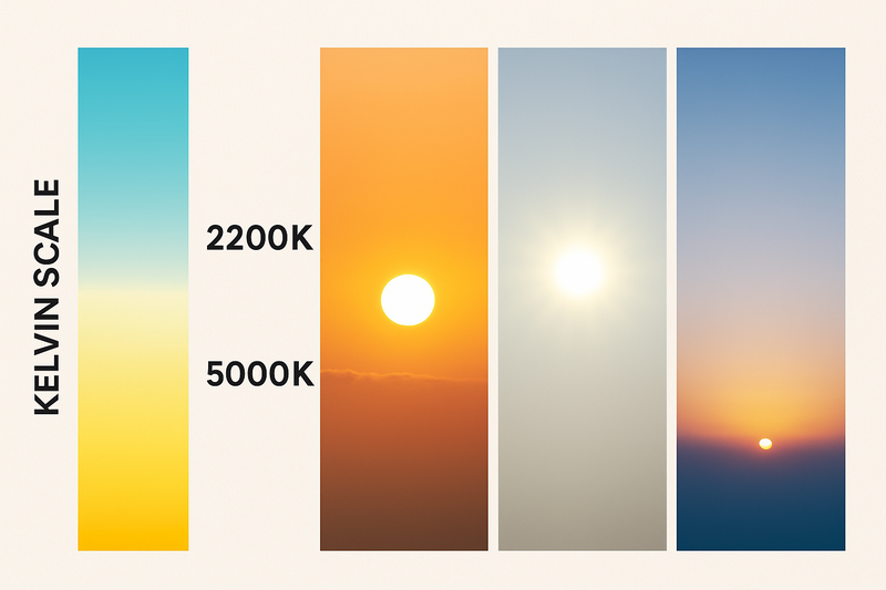 An infographic showing the Kelvin scale next to images of the sun at different times of day: a warm sunrise (2200K), bright midday (5000K), and cool twilight (6500K).